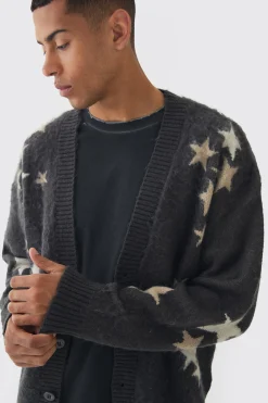 Oversized Boxy Star Brushed Knitted Cardigan | BoohooMAN UK