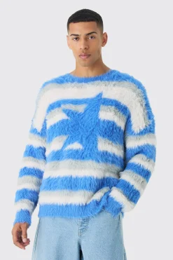 Oversized Boxy Super Fluffy Stripe Jumper | BoohooMAN UK