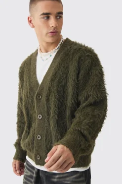 Oversized Boxy Super Fluffy Knitted Cardigan | BoohooMAN UK