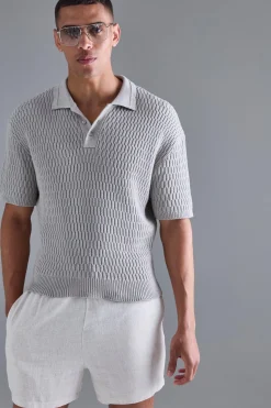 Oversized Boxy Textured Open Stitch Polo | BoohooMAN UK