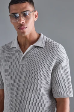 Oversized Boxy Textured Open Stitch Polo | BoohooMAN UK