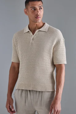 Oversized Boxy Textured Open Stitch Polo | BoohooMAN UK