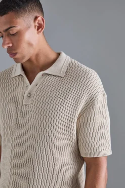 Oversized Boxy Textured Open Stitch Polo | BoohooMAN UK