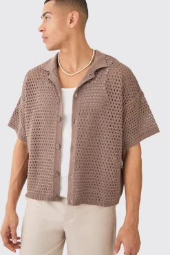 Oversized Boxy Textured Open Stitch Knit Shirt In Chocolate | BoohooMAN UK