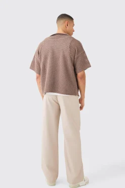 Oversized Boxy Textured Open Stitch Knit Shirt In Chocolate | BoohooMAN UK