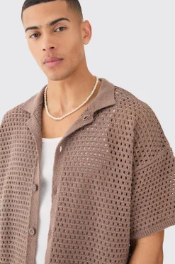 Oversized Boxy Textured Open Stitch Knit Shirt In Chocolate | BoohooMAN UK