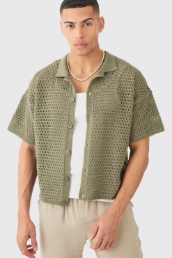 Oversized Boxy Textured Open Stitch Knit Shirt In Khaki | BoohooMAN UK