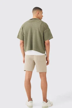 Oversized Boxy Textured Open Stitch Knit Shirt In Khaki | BoohooMAN UK