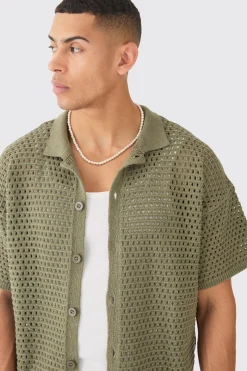 Oversized Boxy Textured Open Stitch Knit Shirt In Khaki | BoohooMAN UK