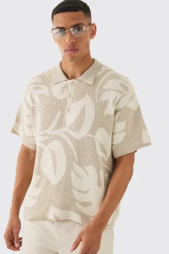 Oversized Boxy Tonal Jacquard Floral Knit Polo | BoohooMAN UK