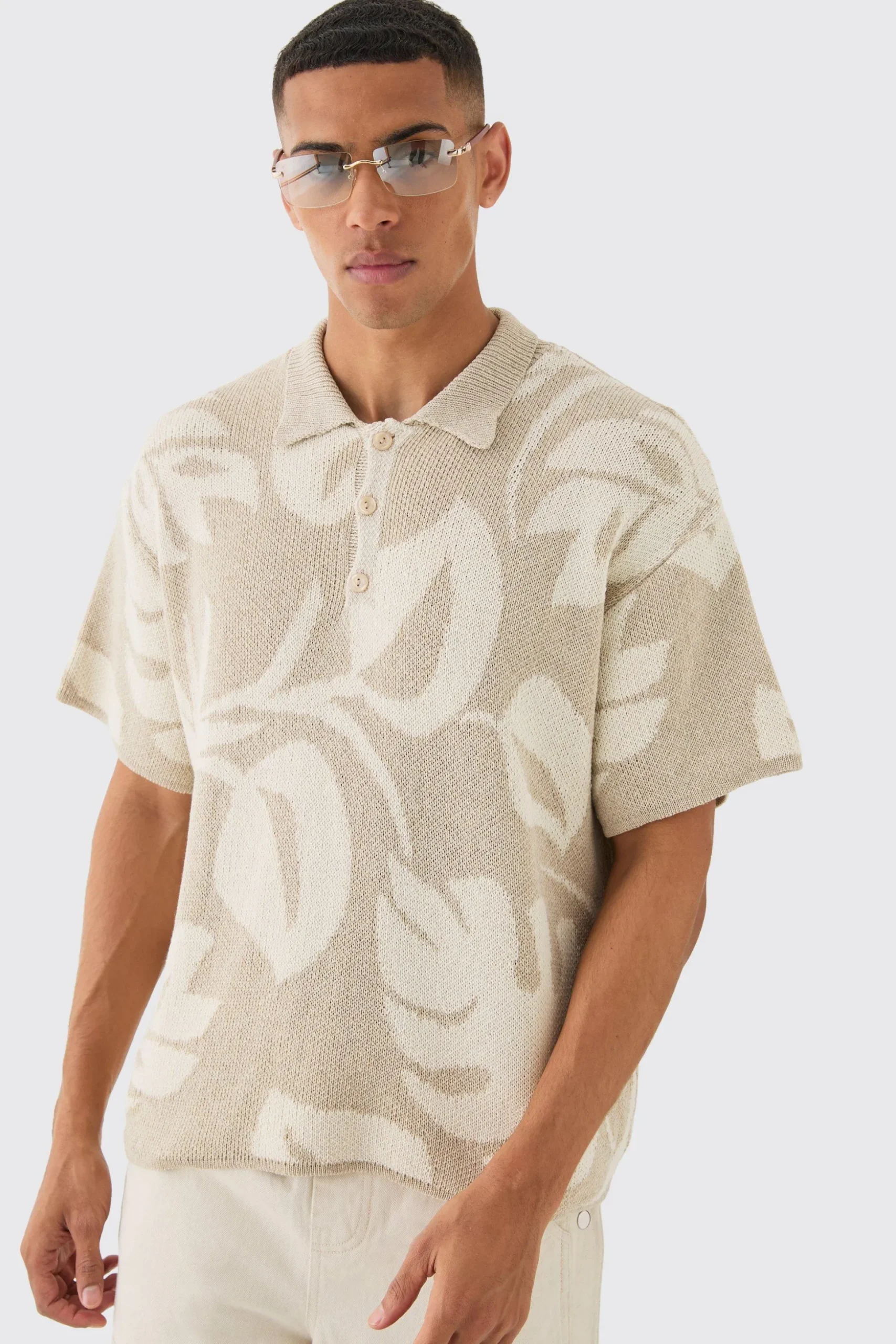 Oversized Boxy Tonal Jacquard Floral Knit Polo | BoohooMAN UK