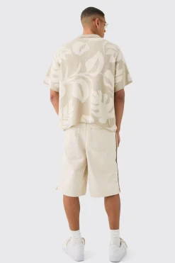 Oversized Boxy Tonal Jacquard Floral Knit Polo | BoohooMAN UK
