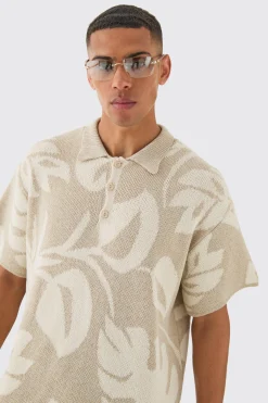 Oversized Boxy Tonal Jacquard Floral Knit Polo | BoohooMAN UK
