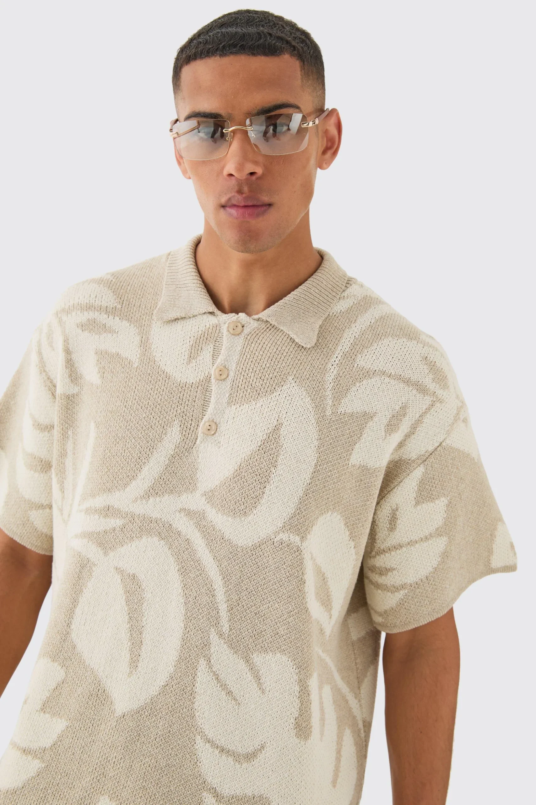 Oversized Boxy Tonal Jacquard Floral Knit Polo | BoohooMAN UK