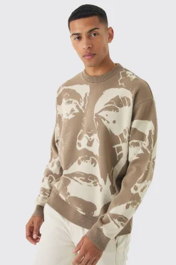 Oversized Boxy Tonal Line Face Knitted Jumper | BoohooMAN UK