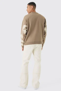 Oversized Boxy Tonal Line Face Knitted Jumper | BoohooMAN UK