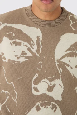 Oversized Boxy Tonal Line Face Knitted Jumper | BoohooMAN UK