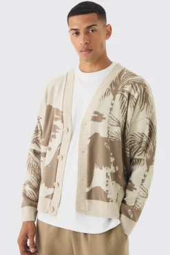Oversized Boxy Tonal Scenic Drawing Knitted Cardigan | BoohooMAN UK