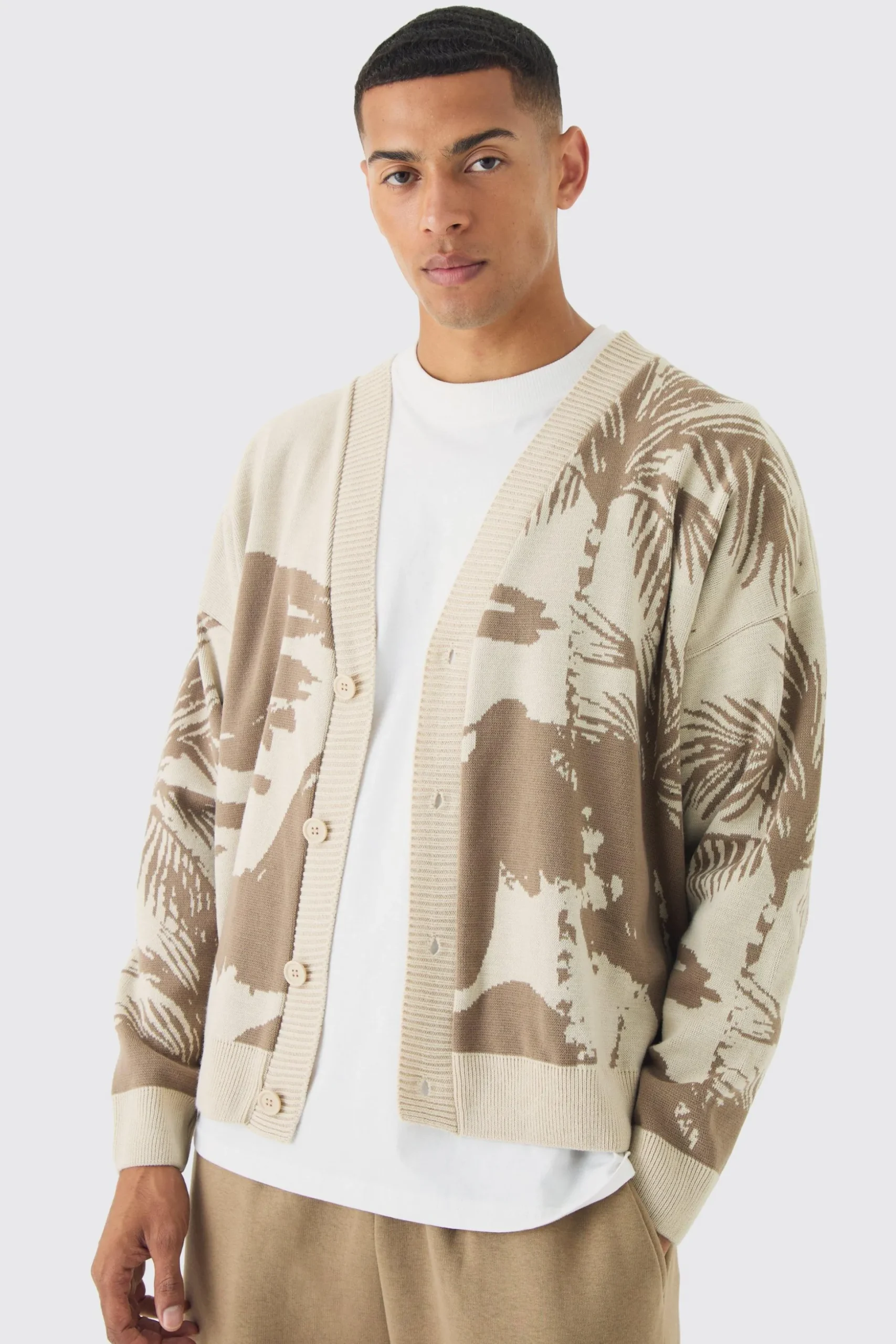 Oversized Boxy Tonal Scenic Drawing Knitted Cardigan | BoohooMAN UK