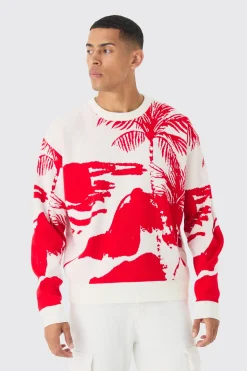 Oversized Boxy Tonal Scenic Drawing Knitted Jumper | BoohooMAN UK