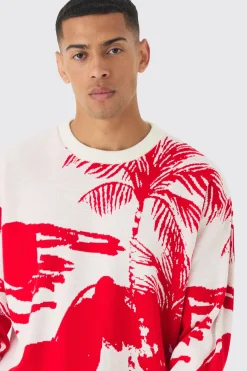 Oversized Boxy Tonal Scenic Drawing Knitted Jumper | BoohooMAN UK