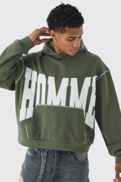 Oversized Boxy Twill Applique Contrast Stitch Hoodie | BoohooMAN UK