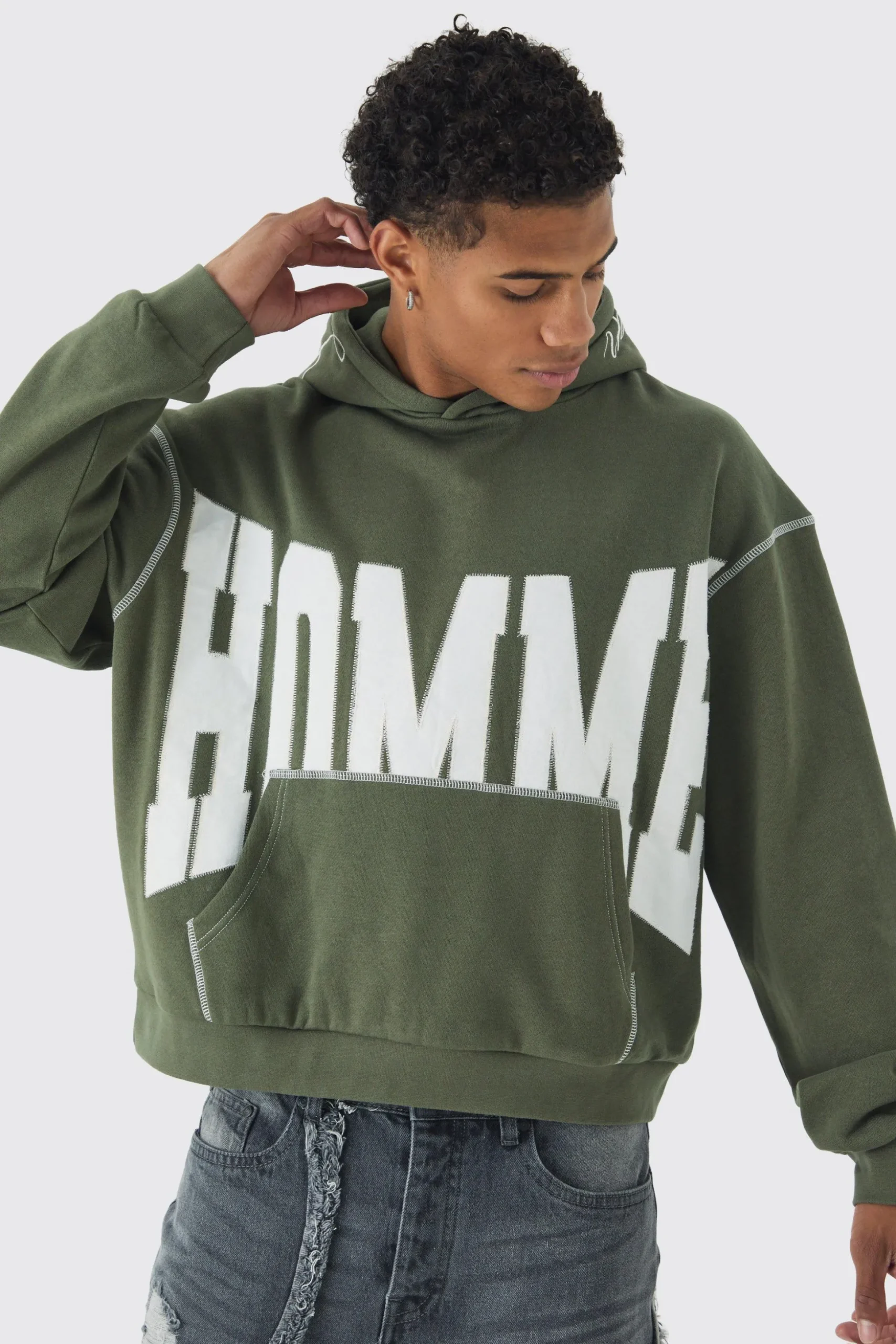 Oversized Boxy Twill Applique Contrast Stitch Hoodie | BoohooMAN UK