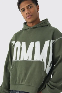 Oversized Boxy Twill Applique Contrast Stitch Hoodie | BoohooMAN UK