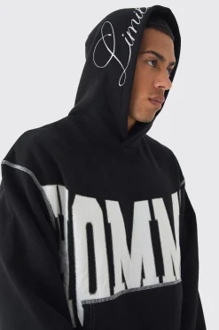 Oversized Boxy Twill Applique Contrast Stitch Hoodie | BoohooMAN UK
