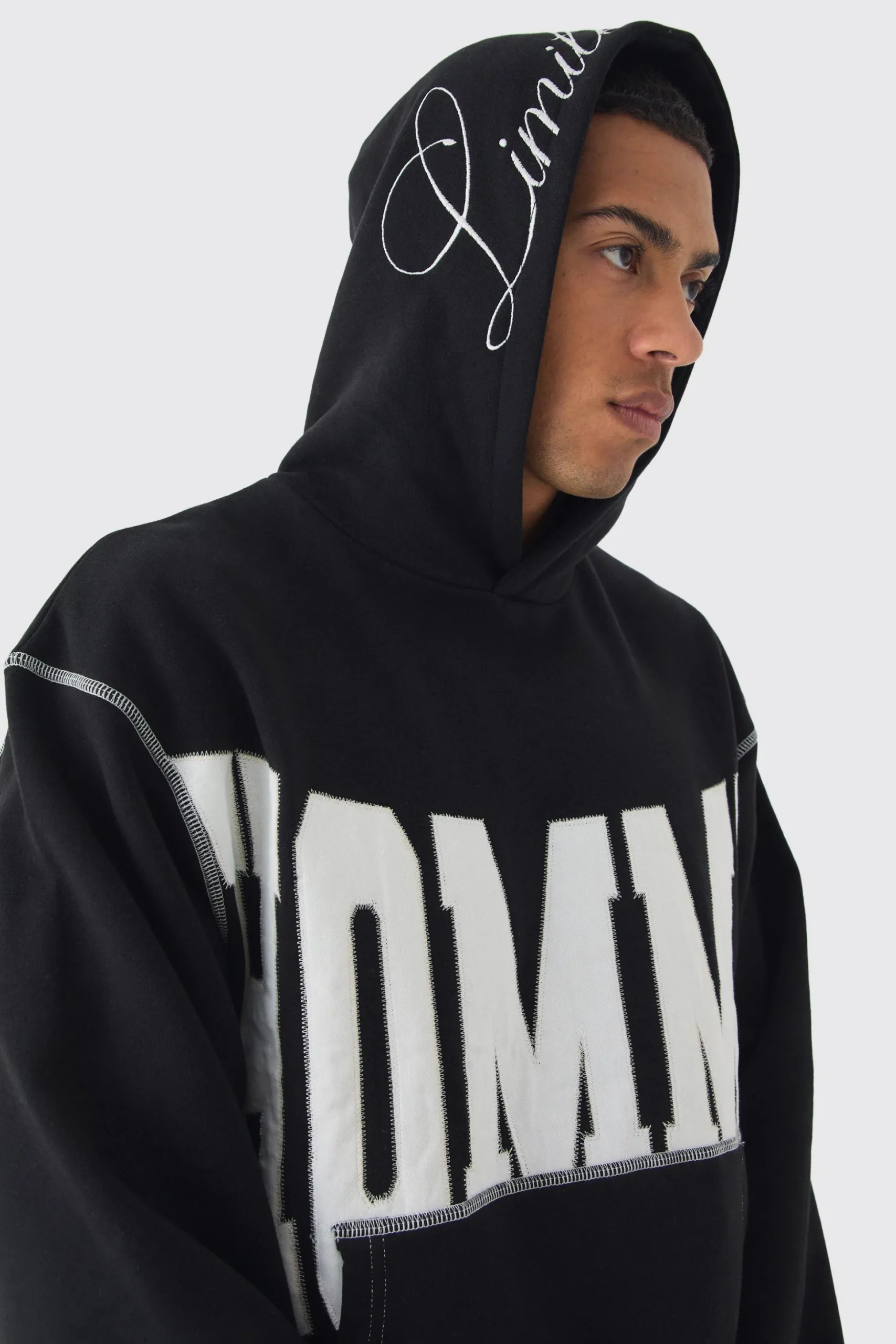 Oversized Boxy Twill Applique Contrast Stitch Hoodie | BoohooMAN UK
