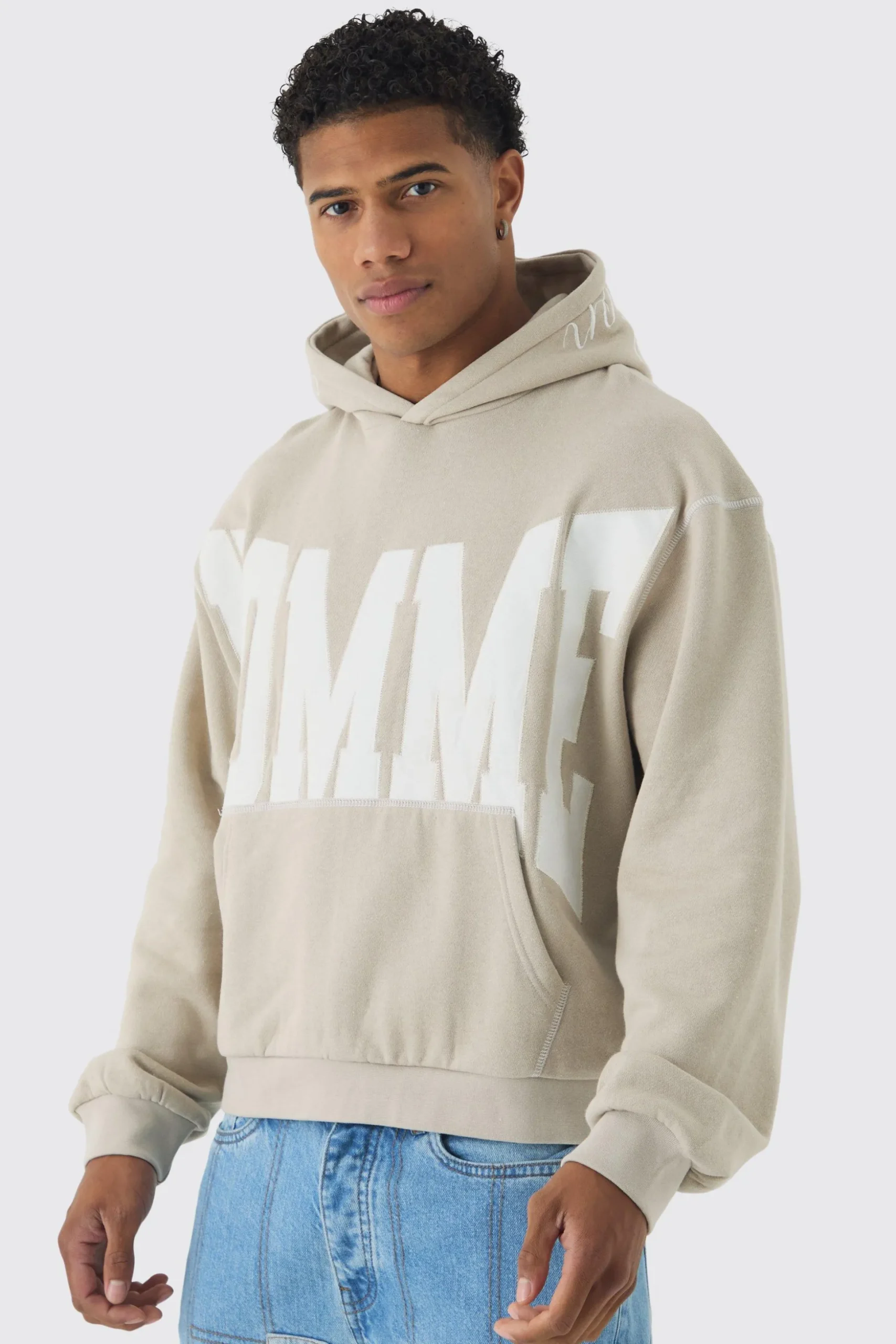 Oversized Boxy Twill Applique Contrast Stitch Hoodie | BoohooMAN UK