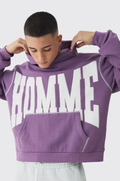 Oversized Boxy Twill Applique Contrast Stitch Hoodie | BoohooMAN UK