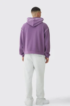Oversized Boxy Twill Applique Contrast Stitch Hoodie | BoohooMAN UK