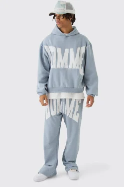 Oversized Boxy Twill Applique Contrast Stitch Hooded Tracksuit | BoohooMAN UK