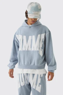Oversized Boxy Twill Applique Contrast Stitch Hooded Tracksuit | BoohooMAN UK