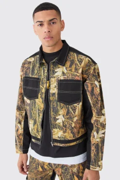Oversized Boxy Twill Camo Harrington Set | BoohooMAN UK