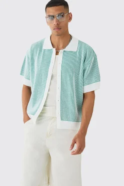 Oversized Boxy Two Tone Rib Knit Shirt | BoohooMAN UK