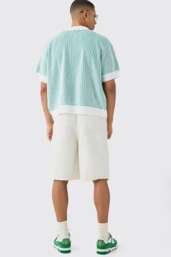 Oversized Boxy Two Tone Rib Knit Shirt | BoohooMAN UK