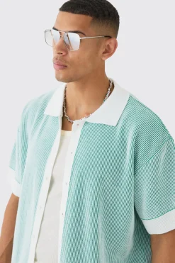 Oversized Boxy Two Tone Rib Knit Shirt | BoohooMAN UK