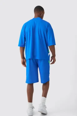 Oversized Boxy V Neck Mesh Moto Printed T-shirt & Short Set | BoohooMAN UK