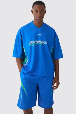 Oversized Boxy V Neck Mesh Moto Printed T-shirt & Short Set | BoohooMAN UK