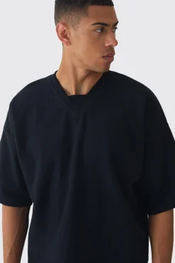 Oversized Boxy V Neck Reverse Loopback T-shirt | BoohooMAN UK