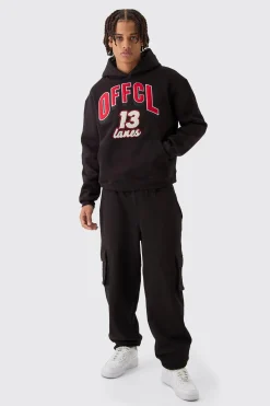 Oversized Boxy Varsity Applique Cargo & Hoodie Tracksuit | BoohooMAN UK