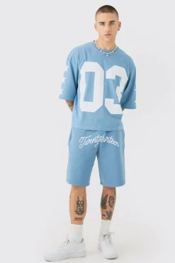 Oversized Boxy Varsity Half Sleeve T-shirt & Short Set | BoohooMAN UK