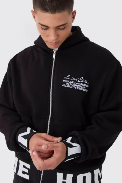 Oversized Boxy Varsity Printed Zip Through Hoodie | BoohooMAN UK