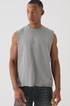 Oversized Boxy Wash Distressed Neck Tank | BoohooMAN UK