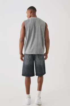Oversized Boxy Wash Distressed Neck Tank | BoohooMAN UK