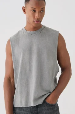 Oversized Boxy Wash Distressed Neck Tank | BoohooMAN UK