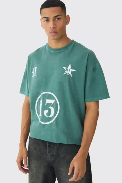 Oversized Boxy Washed 13 Print T-Shirt | BoohooMAN UK