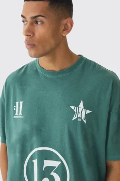 Oversized Boxy Washed 13 Print T-Shirt | BoohooMAN UK